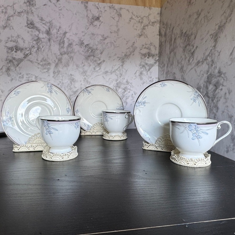 Oscar de la Renta Vintage Blue Floral Bone China Cup and Saucer- Three Sets